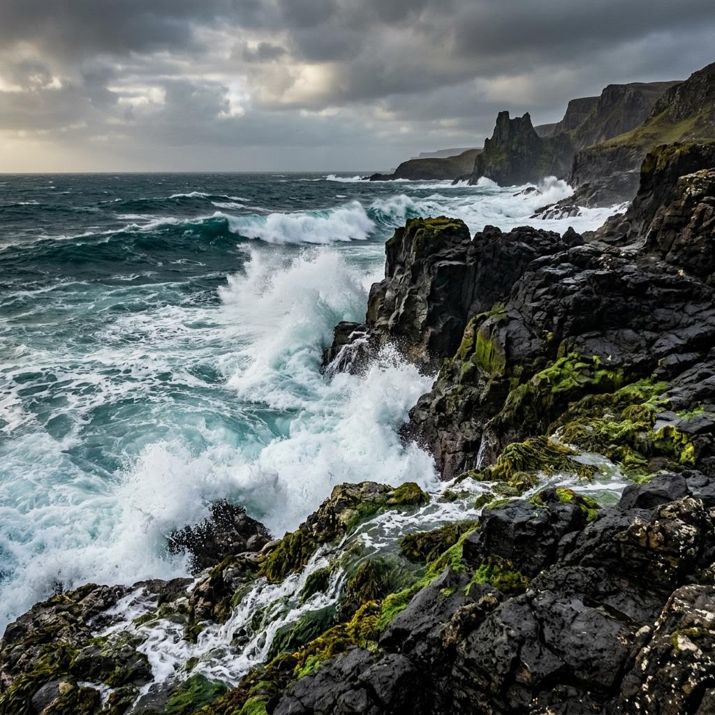 Atlantic Ocean waves on dark rocks